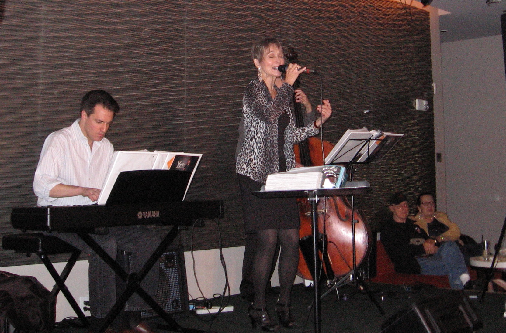 Audrey singing with pianist and bassist during a club set